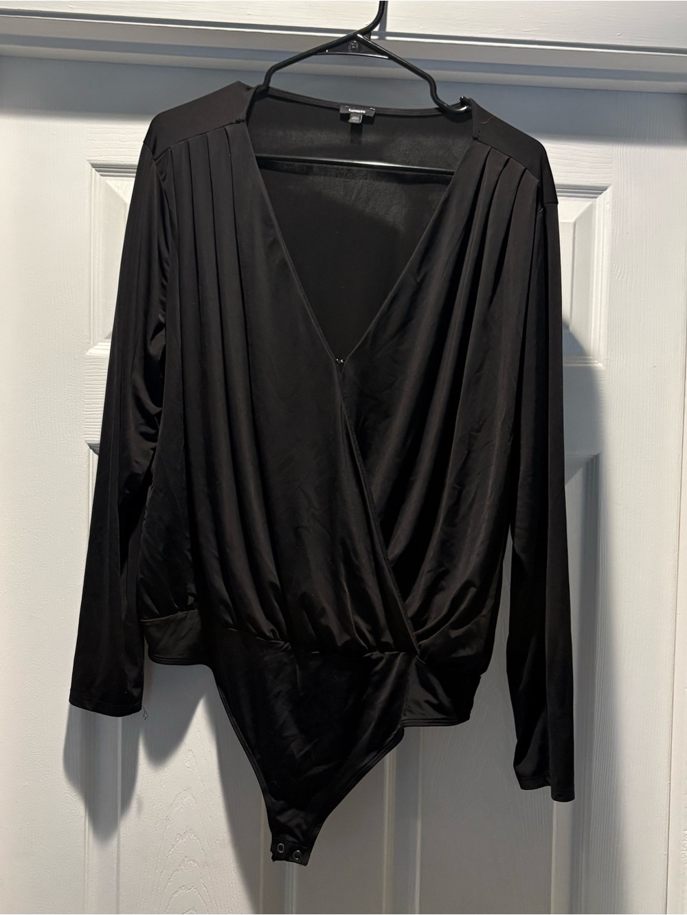 Women's Exoress Black Wrap-Front Bodysuit Top S/XL